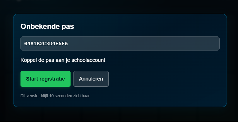 Kioskvenster Onbekende pas met knop Start registratie